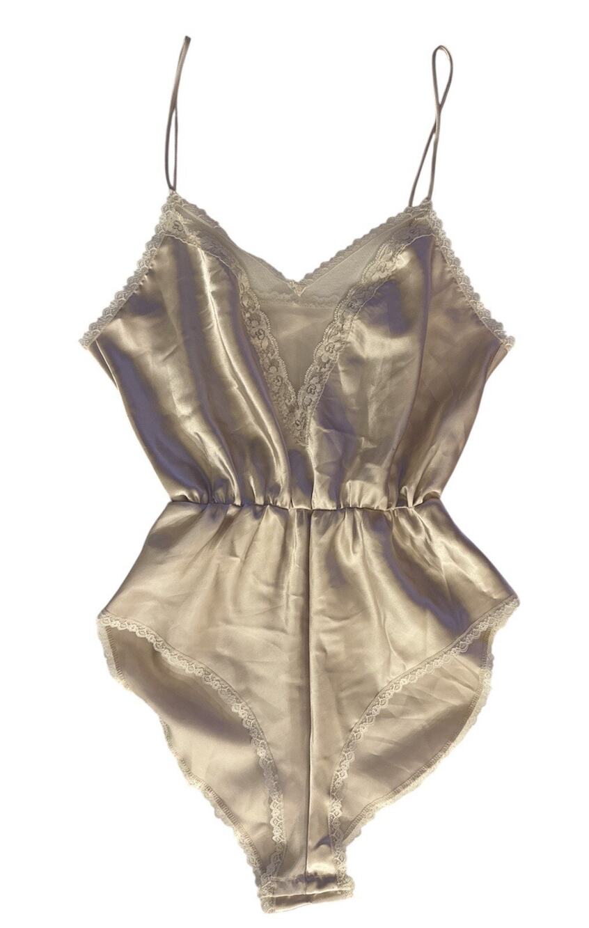 Vtg Lingerie Romper Second Skin Silky Teddy Ivory Lace Liquid Satin Womens Large